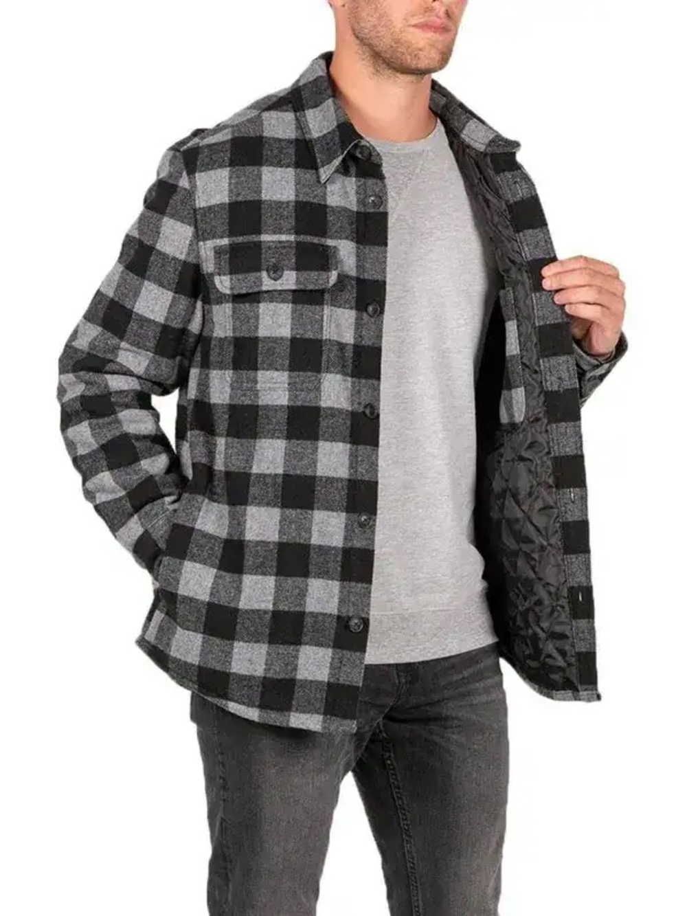 Men's Jachs Black & Gray Plaid Quilted-Lined Shirt Jacket
